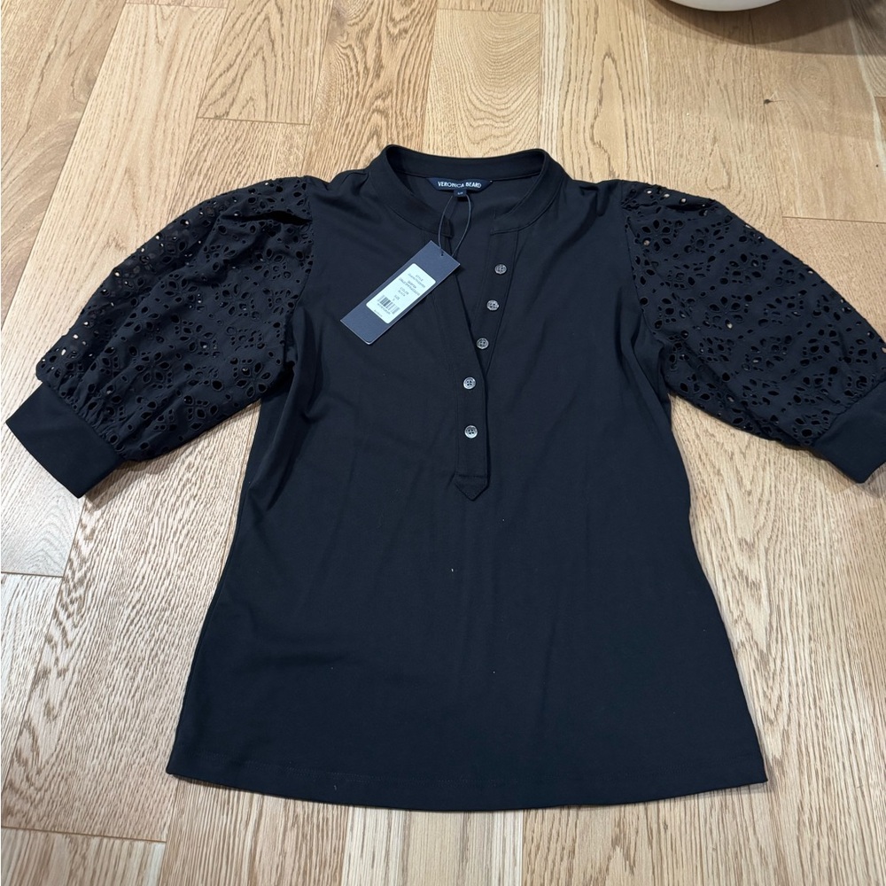 Veronica Beard Black Eyelet Sleeve Blouse